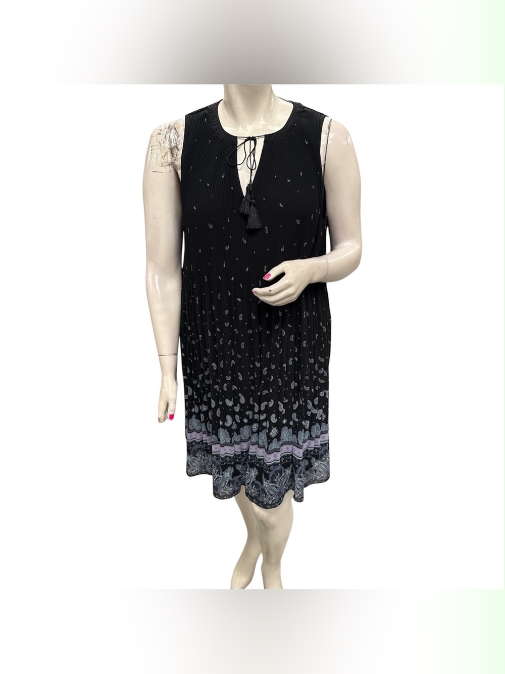 Michel Studio NWT Black Sleeveless Tassel-Front Midi Dress with Lavender Border